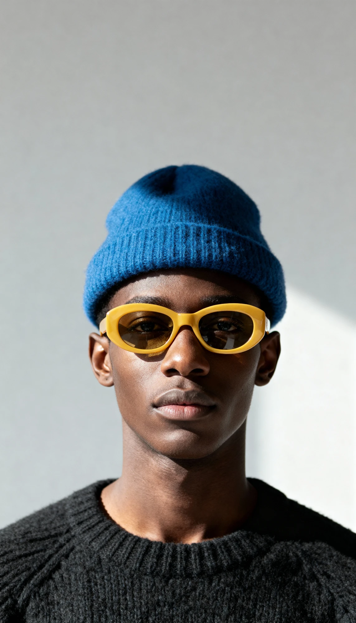 Fashion portrait with a blue beanie and yellow sunglasses