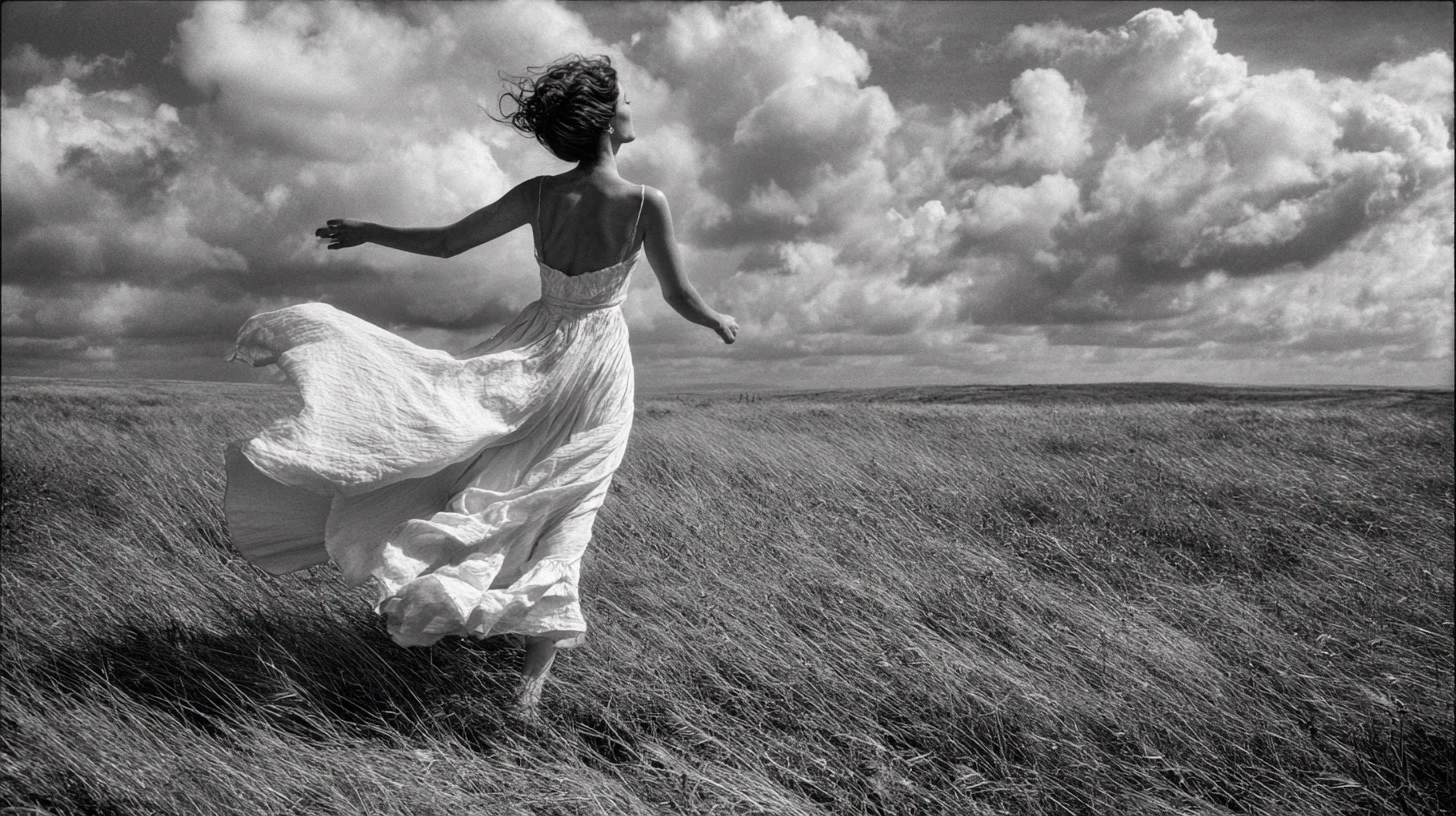 Black and white image of a woman dancing in a windswept field