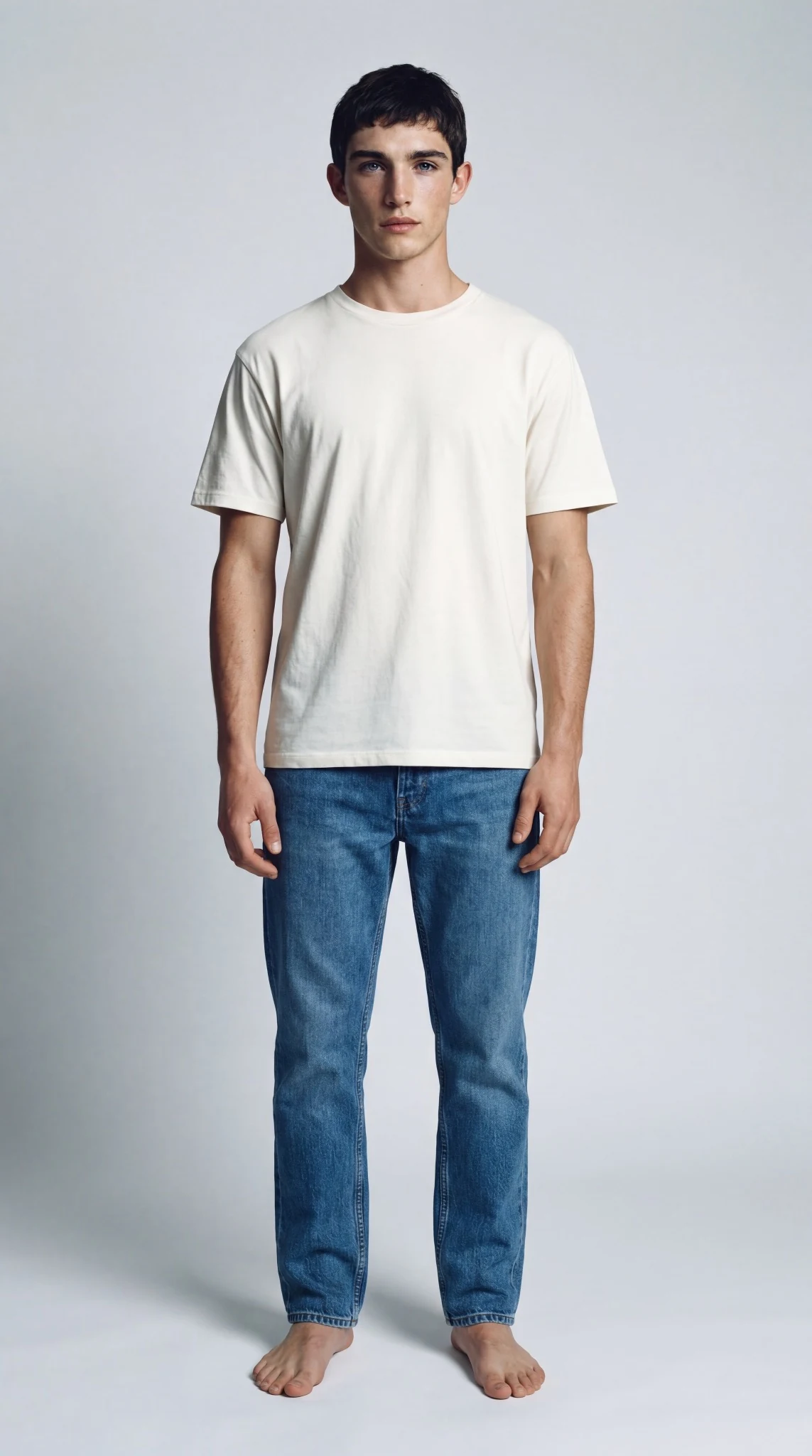 Starting model reference in a white T-shirt and jeans